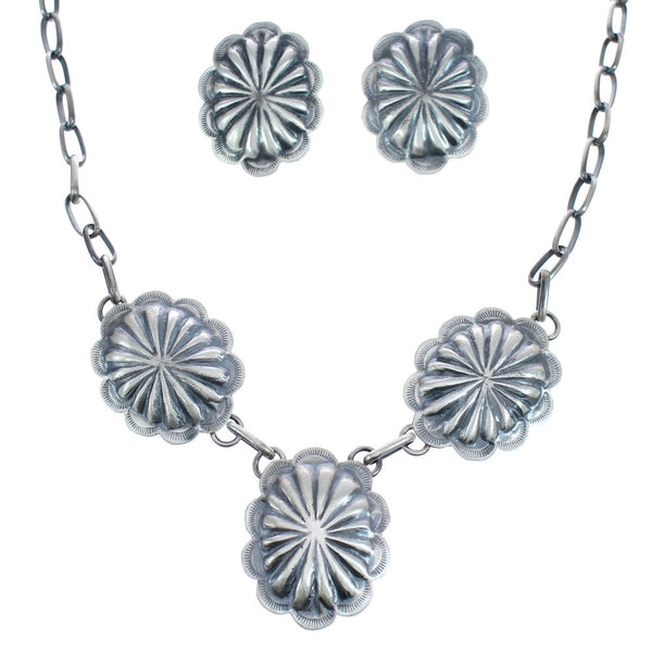 Native American Navajo Concho Sterling Silver Post Earrings and Necklace Set JX122958