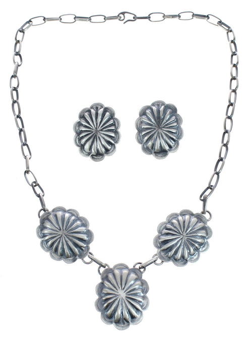 Native American Navajo Concho Sterling Silver Post Earrings and Necklace Set JX122958