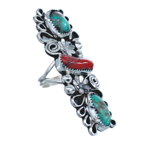 Native American Sterling Silver Turquoise And Coral Leaf Ring Size 8 AX123050