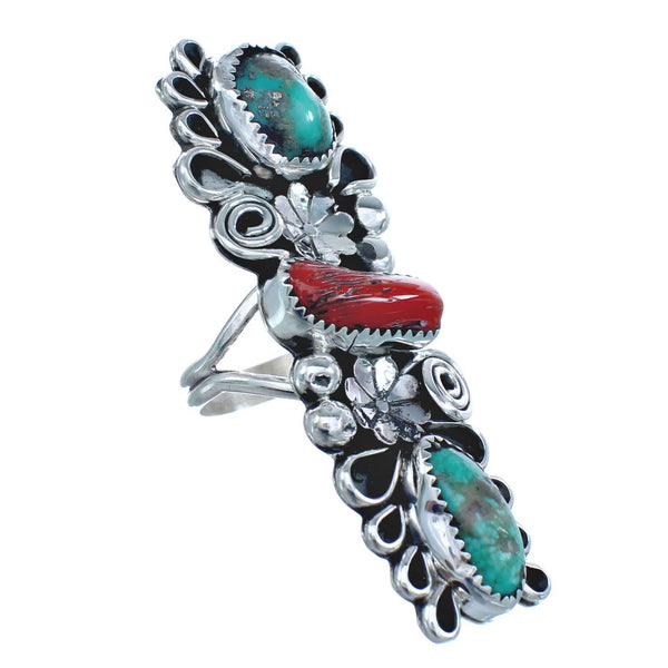Native American Sterling Silver Turquoise And Coral Leaf Ring Size 8 AX123050