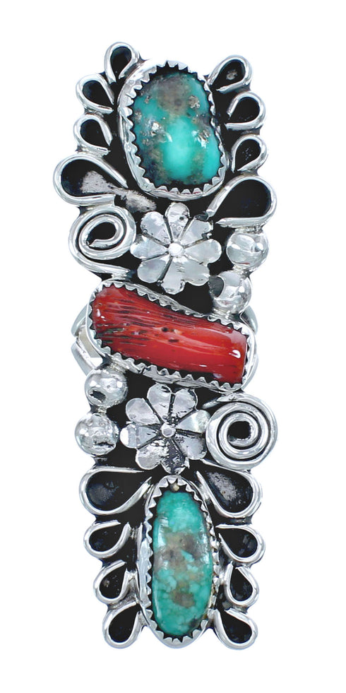 Native American Sterling Silver Turquoise And Coral Leaf Ring Size 8 AX123050