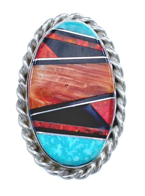 Native American Sterling Silver Multicolor Inlay Ring Size 7-3/4 AX123186
