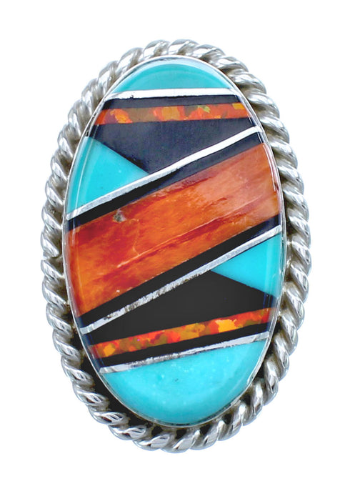 Native American Sterling Silver Multicolor Inlay Ring Size 8 AX123189