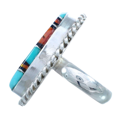 Native American Sterling Silver Multicolor Inlay Ring Size 8 AX123189