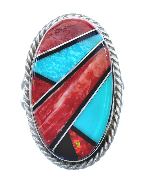 Native American Sterling Silver Multicolor Inlay Ring Size 7 AX123193