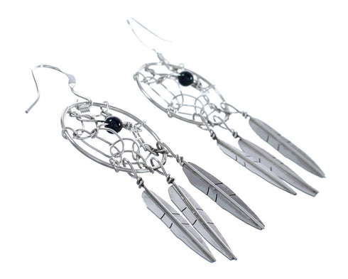Native American Onyx Dream Catcher Feather Sterling Silver Hook Dangle Earrings JX123230