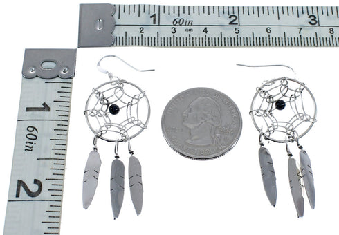 Native American Onyx Dream Catcher Feather Sterling Silver Hook Dangle Earrings JX123230