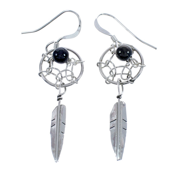 Native American Onyx Dream Catcher Feather Sterling Silver Hook Dangle Earrings JX123224