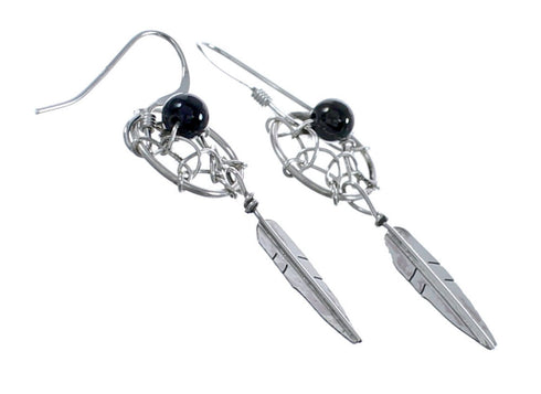 Native American Onyx Dream Catcher Feather Sterling Silver Hook Dangle Earrings JX123224