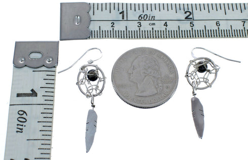 Native American Onyx Dream Catcher Feather Sterling Silver Hook Dangle Earrings JX123224