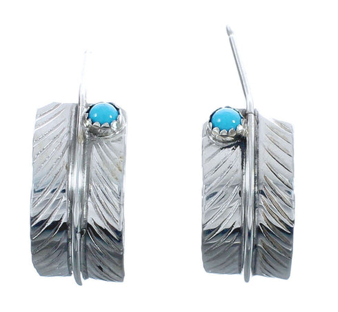 Native American Feather Turquoise Genuine Sterling Silver Post Hoop Earrings JX123250