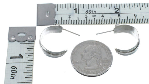 Native American Feather Turquoise Genuine Sterling Silver Post Hoop Earrings JX123250