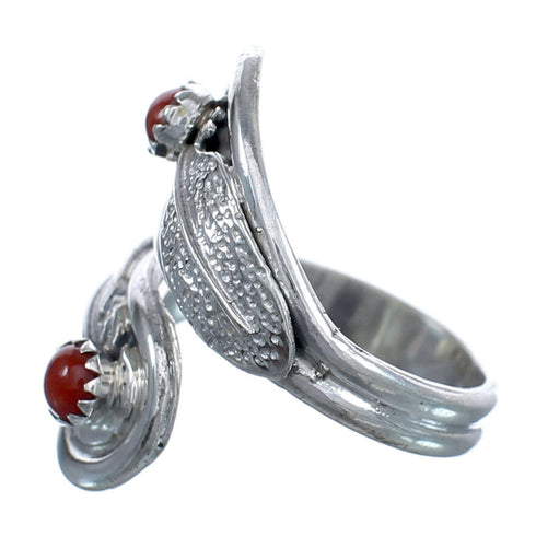 Feather Sterling Silver Coral Navajo Adjustable Ring Size 7, 8, 9 AX123254