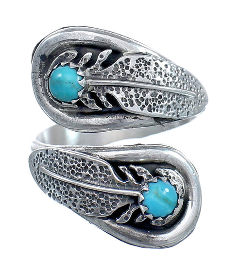 Feather Sterling Silver Turquoise Navajo Adjustable Ring Size 7, 8, 9 AX123330