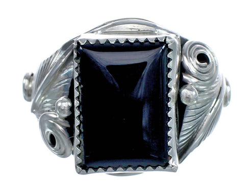 Black Onyx and Sterling Silver Scalloped Leaf Navajo Ring Size 11-1/2 AX123269
