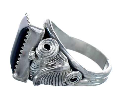 Black Onyx and Sterling Silver Scalloped Leaf Navajo Ring Size 11-1/2 AX123269