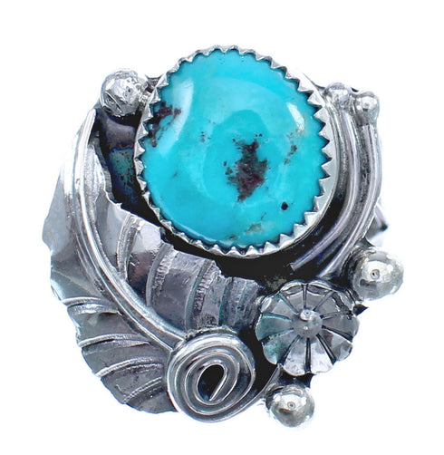 Flower Scalloped Leaf Turquoise Genuine Sterling Silver Navajo Ring Size 6 AX123280