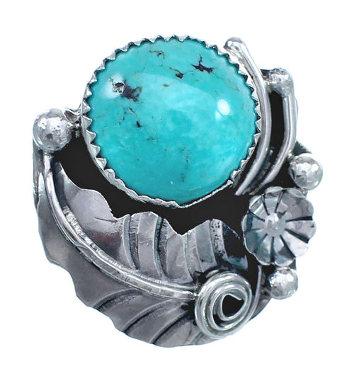 Flower Scalloped Leaf Turquoise Genuine Sterling Silver Navajo Ring Size 7-1/4 AX123283