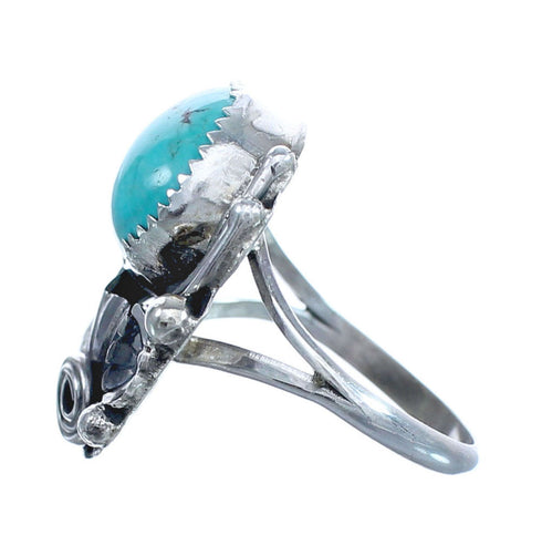 Flower Scalloped Leaf Turquoise Genuine Sterling Silver Navajo Ring Size 7-1/4 AX123283