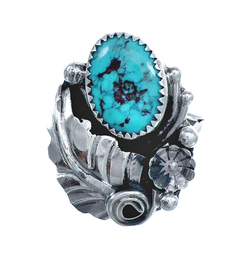 Flower Scalloped Leaf Turquoise Genuine Sterling Silver Navajo Ring Size 6-1/4 AX123287