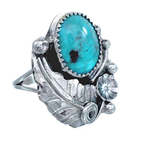 Flower Scalloped Leaf Turquoise Genuine Sterling Silver Navajo Ring Size 7 AX123289