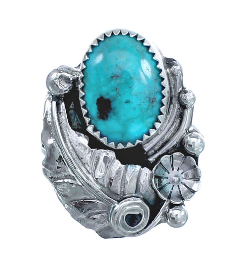 Flower Scalloped Leaf Turquoise Genuine Sterling Silver Navajo Ring Size 7 AX123289