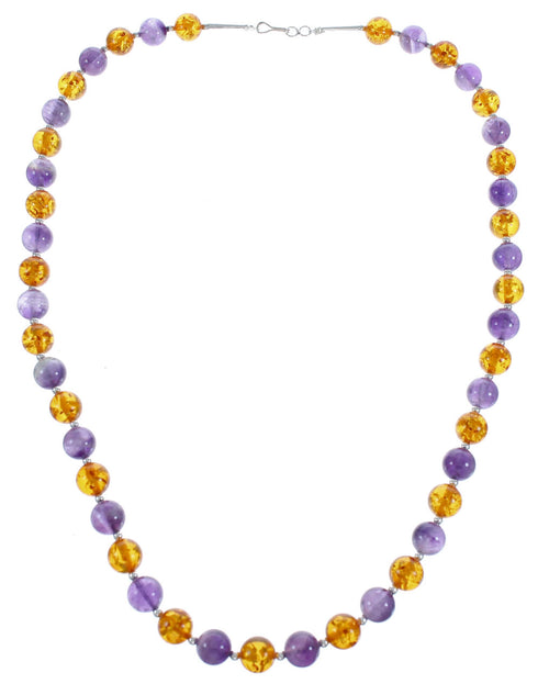 Amber And Amethyst Sterling Silver Navajo Bead Necklace AX123522