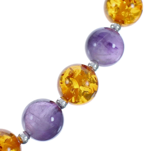 Amber And Amethyst Sterling Silver Navajo Bead Necklace AX123522