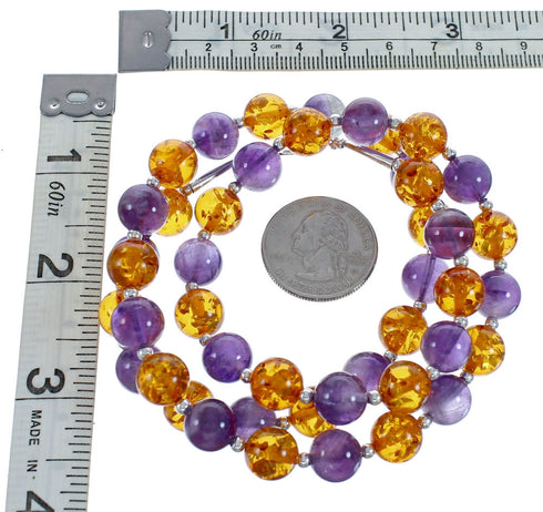 Amber And Amethyst Sterling Silver Navajo Bead Necklace AX123522