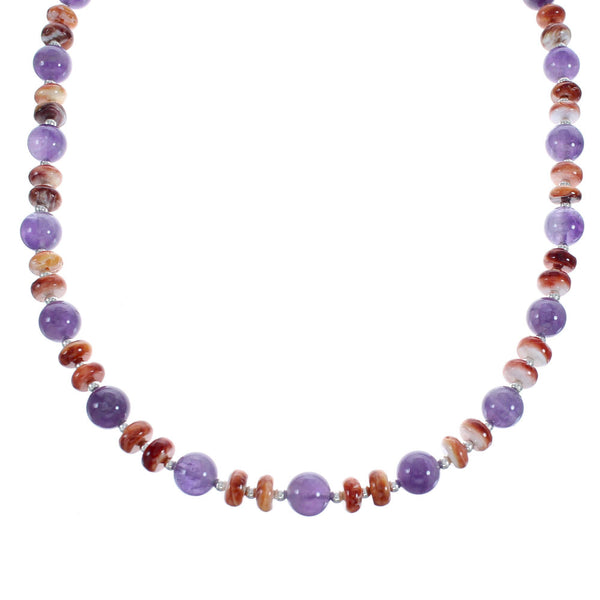 Native American Oyster Shell And Amethyst Sterling Silver Bead Necklace AX123524