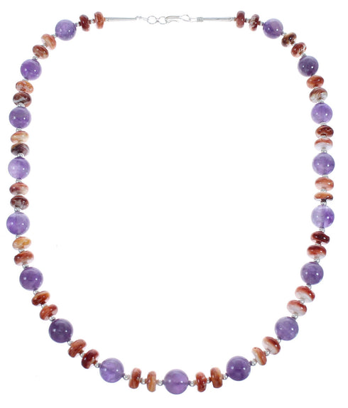 Native American Oyster Shell And Amethyst Sterling Silver Bead Necklace AX123524