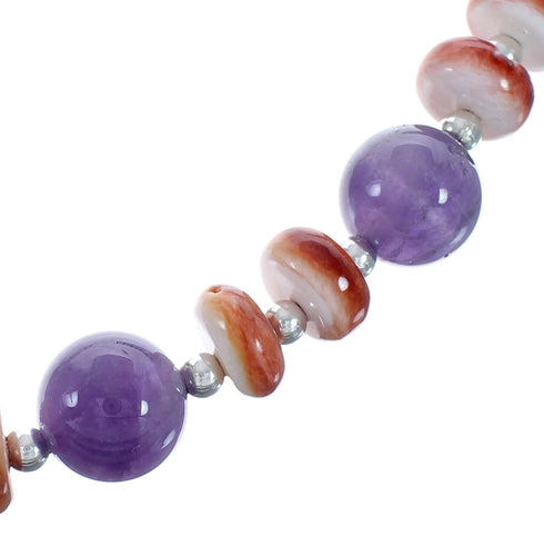 Native American Oyster Shell And Amethyst Sterling Silver Bead Necklace AX123524