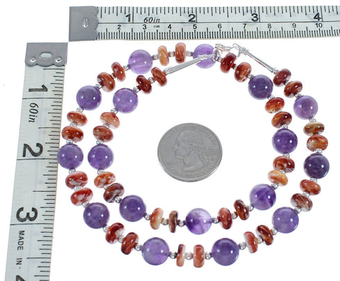 Native American Oyster Shell And Amethyst Sterling Silver Bead Necklace AX123524