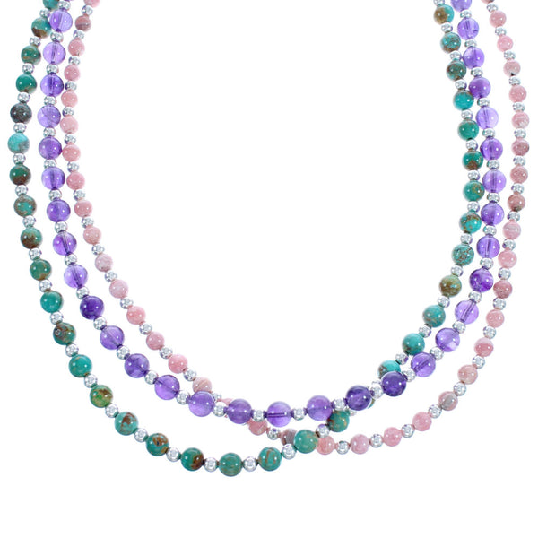American Indian 3-Strand Multicolor Silver Bead Necklace AX123503