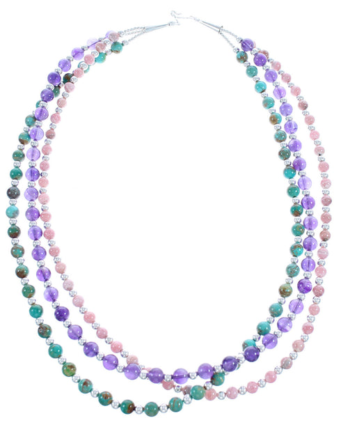 American Indian 3-Strand Multicolor Silver Bead Necklace AX123503