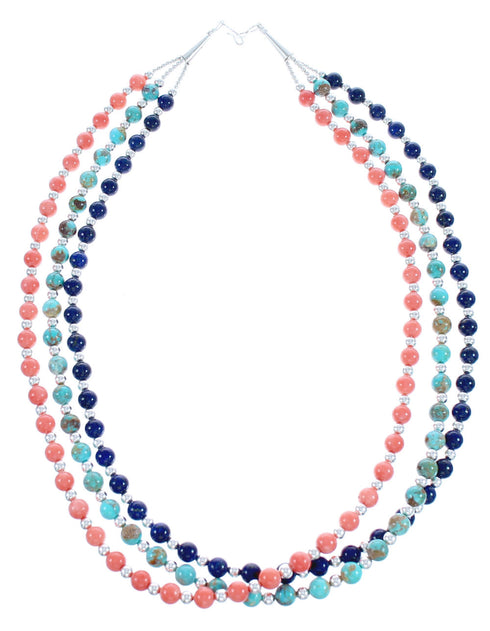 American Indian 3-Strand Multicolor Silver Bead Necklace AX123495