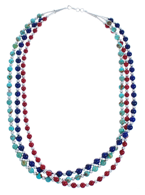 American Indian 3-Strand Multicolor Silver Bead Necklace AX123398