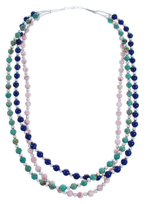 American Indian 3-Strand Multicolor Silver Bead Necklace AX123400