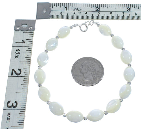 Native American Genuine Sterling Silver Mother of Pearl Bead Bracelet JX123367