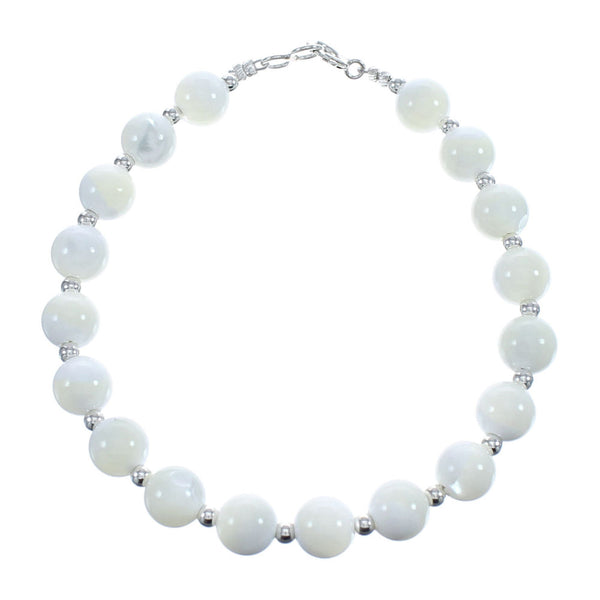 Native American Genuine Sterling Silver Mother of Pearl Bead Bracelet JX123365