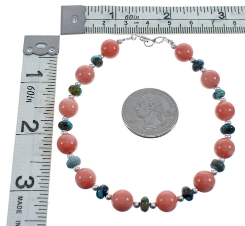 Genuine Sterling Silver Turquoise And Pink Coral Navajo Bead Bracelet JX123406