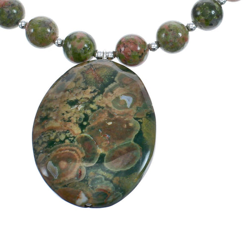 Native American Sterling Silver Unakite Pendant Bead Necklace JX123404