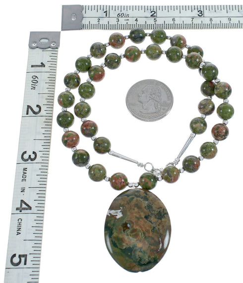 Native American Sterling Silver Unakite Pendant Bead Necklace JX123404