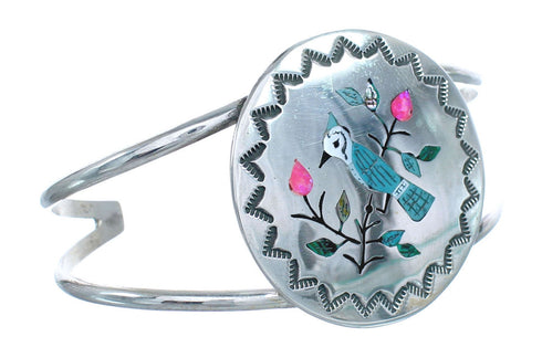 Sterling Silver Multicolor Inlay Blue Jay Zuni Indian Cuff Bracelet AX123743