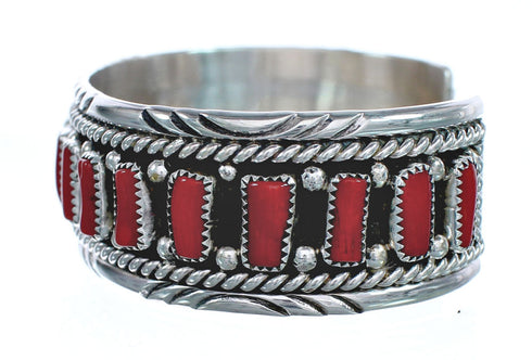 Coral Native American Authentic Sterling Silver Cuff Bracelet AX123811