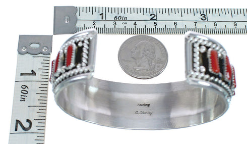 Coral Native American Authentic Sterling Silver Cuff Bracelet AX123811