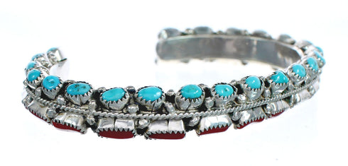Native American Navajo Turquoise And Coral Sterling Silver Cuff Bracelet AX123804