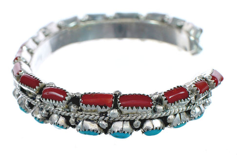 Native American Navajo Turquoise And Coral Sterling Silver Cuff Bracelet AX123804