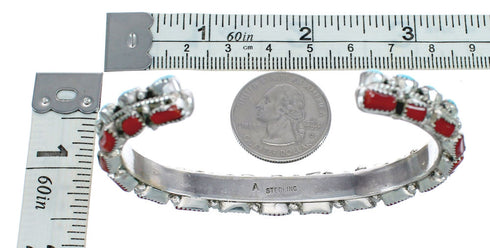 Native American Navajo Turquoise And Coral Sterling Silver Cuff Bracelet AX123804