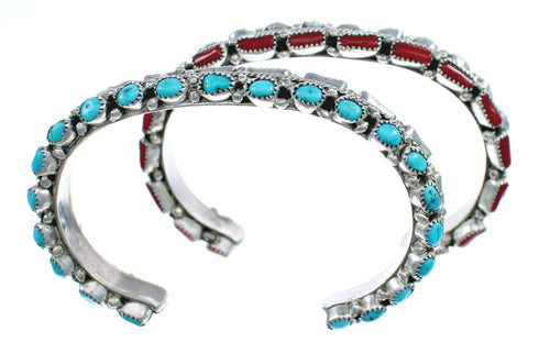 Native American Navajo Turquoise And Coral Sterling Silver Cuff Bracelet AX123804